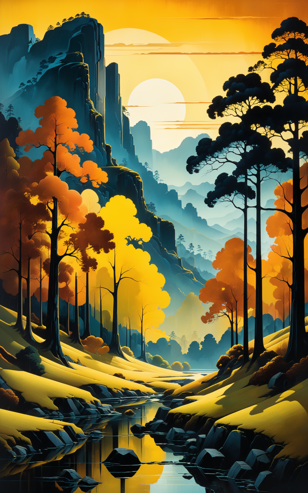 05603-3948574898-Create a painting of the base image landscape in the style of Eyvind Earle, complex background, medium_ old film grain, tetradic.png